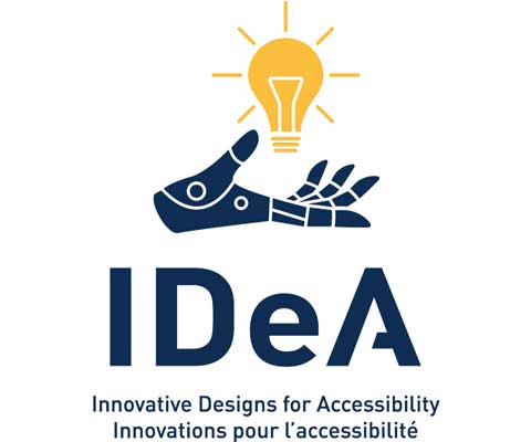 Illustration of an open hand holding a light bulb. Innovative Designs for Accessibility. Innovations pour l'accessibilité.
