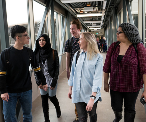 Five students walk down a hallway on campus together.