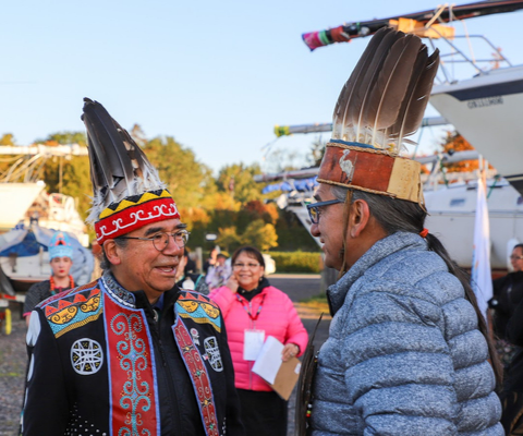 Chief Stephen Augustine and Chief Dean Sayers of Batchewana First Nation at the Building Reconciliation Forum opening ceremonies, Tuesday, October 8, 2019.