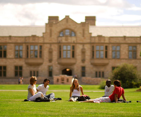 Students siting outside of Saskatchewan campus