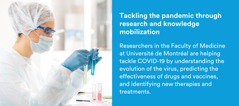 Text on image: Tackling the pandemic through research and knowledge mobilization: Researchers in the Faculty of Medicine at Université de Montréal are helping tackle COVID-19 by understanding the evolution of the virus, predicting the effectiveness of drugs and vaccines, and identifying new therapies and treatments.
