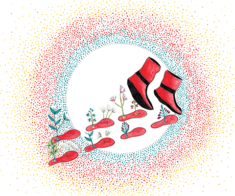 Artwork of red moccasins making footprints, from which plants are sprouting.