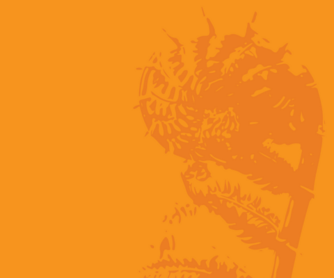 Graphic from the Commitments to Truth and Reconciliation publication, featuring a dark orange fern curl. All graphics in the publication were designed by Vincent Designs, which is Indigenous-owned and their team of graphic artists specialize in culturally-relevant and respectful Indigenous design.