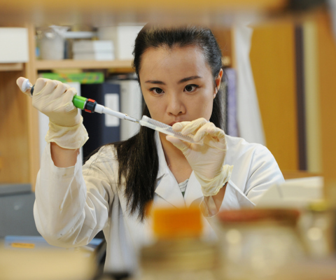 A student researcher in a lab / Un étudiant chercheur dans un laboratoire