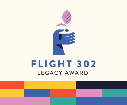 Flight 302 Legacy Award logo of a hand holding a leaf with rectangles the colour of the Ethiopian flag.