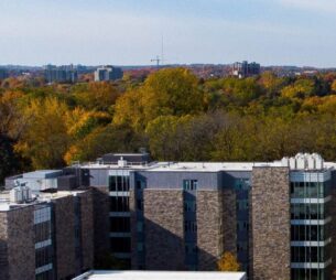 Aerial view of building and trees