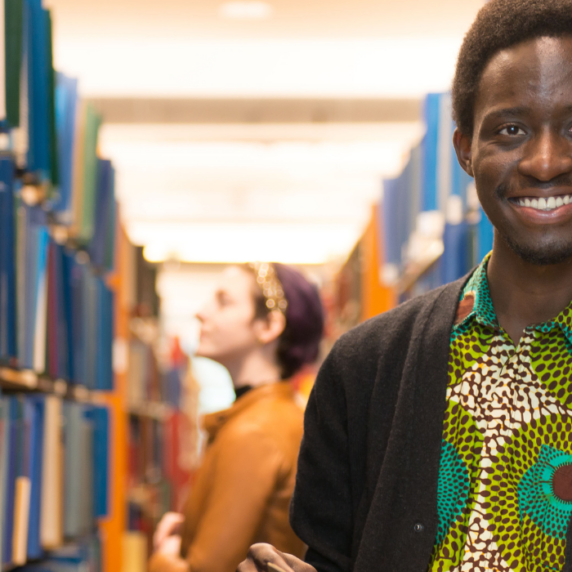 Two students in a library