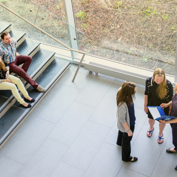 Two students sitting on stairs talking and three students standing and speaking