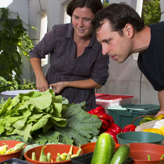 Two people looking at a table full of fresh vegetables