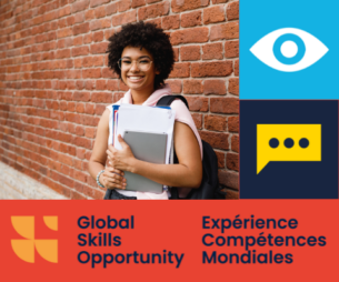 Student with notebook and laptop in front of brick wall on a banner