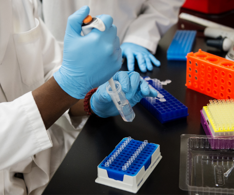 Close up of students in protective gear holding a test tube