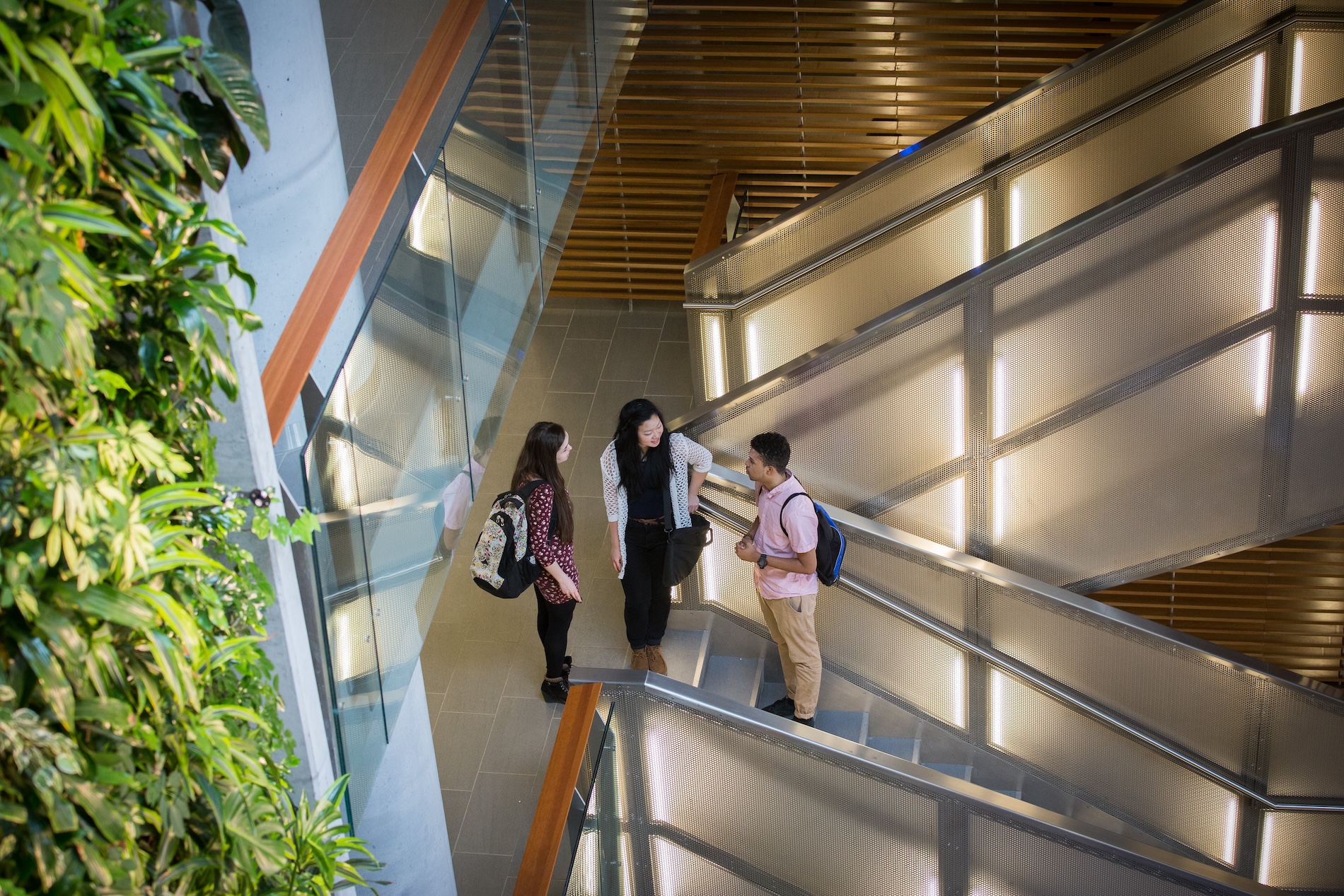 Three students talking on stairs