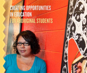 Indigenous student in front of red wall.