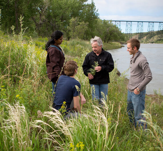 Three students and their professor studying outside by the lake.