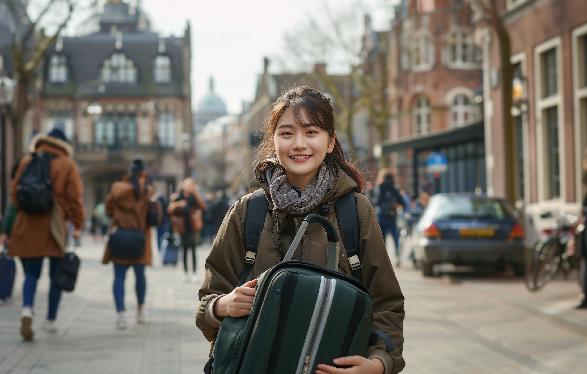 Person smiling with backpack and bag outside on the street