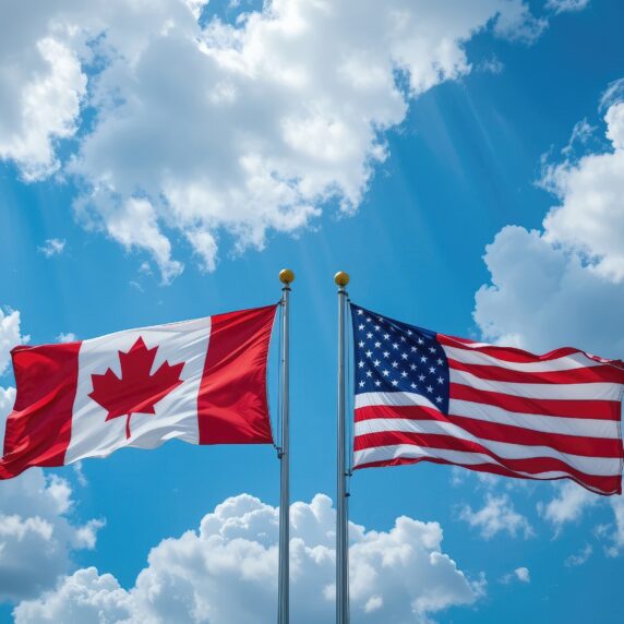 Des drapeaux américains et canadiens flottent dans le vent sur un ciel bleu vif avec des nuages ​​duveteux.