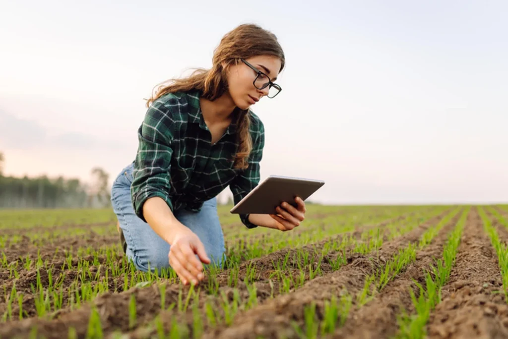 Woman Farmer on a green wheat field with a tablet in his hands.