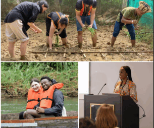 Cover for the Queen Elizabeth Scholars report, including students planting in a field, students in a boat and a student presenting at a podium.