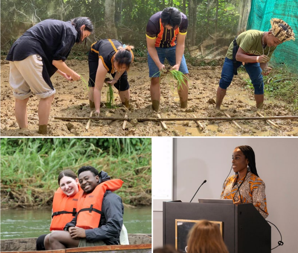 Cover for the Queen Elizabeth Scholars report, including students planting in a field, students in a boat and a student presenting at a podium.
