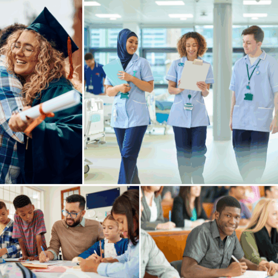 Collage représentant une étudiante diplômée embrassant son père, trois infirmières marchant dans un couloir, un enseignant aidant ses jeunes élèves et un étudiant souriant écoutant un cours.