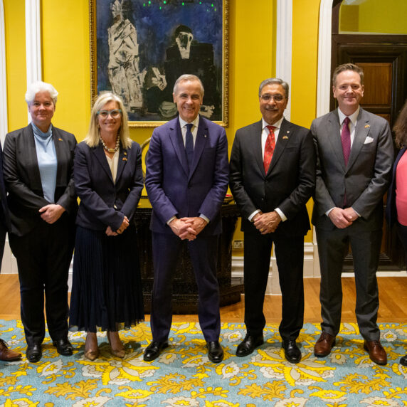 University Presidents Benoit-Antoine Bacon, University of British Columbia; Kimberly Brooks, Dalhousie University; Melanie Woodin, University of Toronto; and, Deep Saini, McGill University, in Mumbai with Universities Canada President Gabriel Miller,  and Canada's Prime Minister, Mr. Mark Carney.