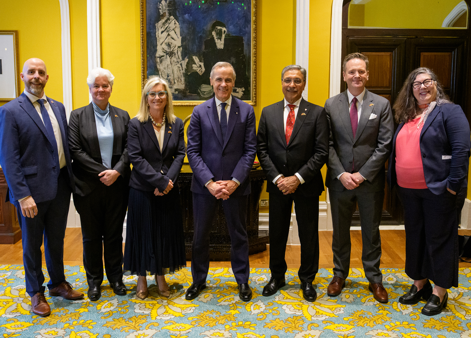 University Presidents Benoit-Antoine Bacon, University of British Columbia; Kimberly Brooks, Dalhousie University; Melanie Woodin, University of Toronto; and, Deep Saini, McGill University, in Mumbai with Universities Canada President Gabriel Miller,  and Canada's Prime Minister, Mr. Mark Carney.
