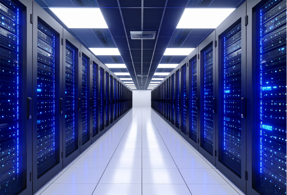 Une longue salle contenant des rangées d'équipements informatiques.