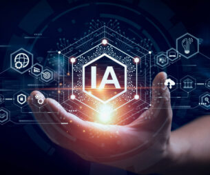 Illustration représentant une main tenant un symbole « IA » lumineux, entouré d'icônes numériques représentant l'intelligence artificielle et les technologies de données.