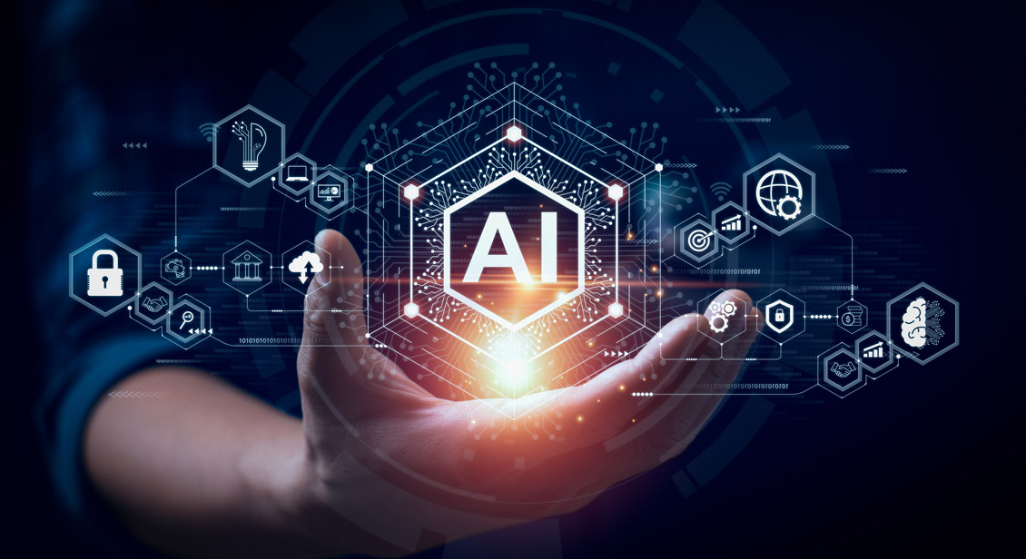 Illustration showing a hand holding a glowing ‘AI’ symbol, surrounded by digital icons representing artificial intelligence and data technologies.