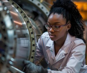 Une femme travaillant sur des pièces aérospatiales.