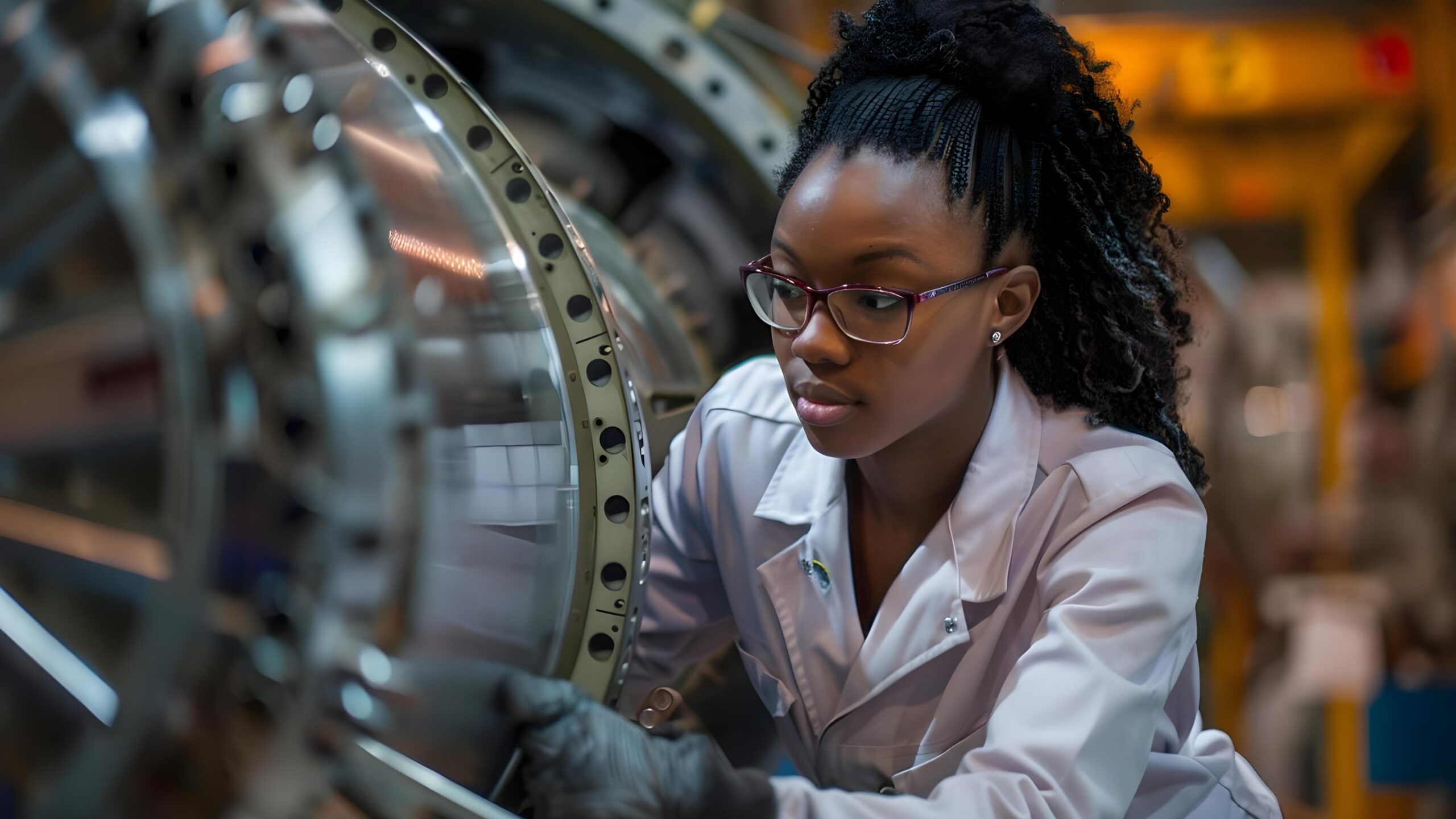 Une femme travaillant sur des pièces aérospatiales.