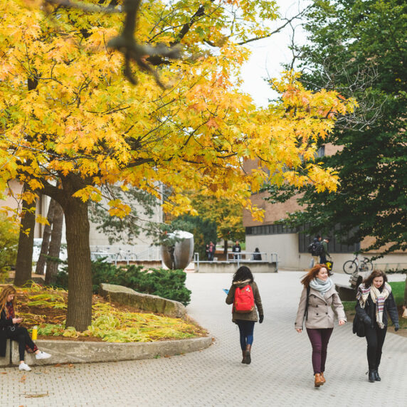 Des étudiants se promenant à l'extérieur sur un campus universitaire en automne.
